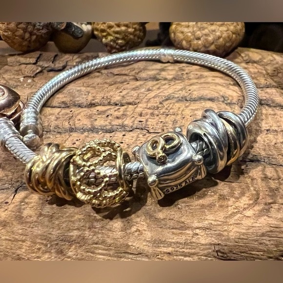 Authentic Pandora Charm Two Tone Ring Cluster CharmSilver and 14K Gold Knot Love - Picture 2 of 10